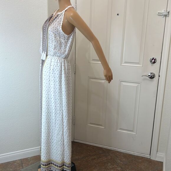 C Dress Size Small Tassel Tie V Neck Sleeveless Maxi White Brown Yellow Lined - Picture 8 of 12
